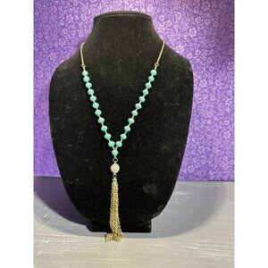 Green Teal Glass Bead Tassel Necklace Gold Tone Chain Rhinestone Accent